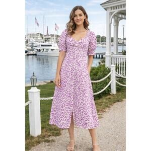 Who What Wear Fuchsia Leopard Print Puff Sleeve Button Front Midi Dress - Small